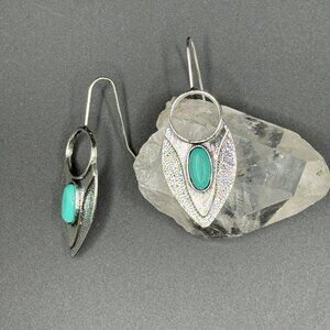 Silver Tone and Turquoise Hook Earrings #1374